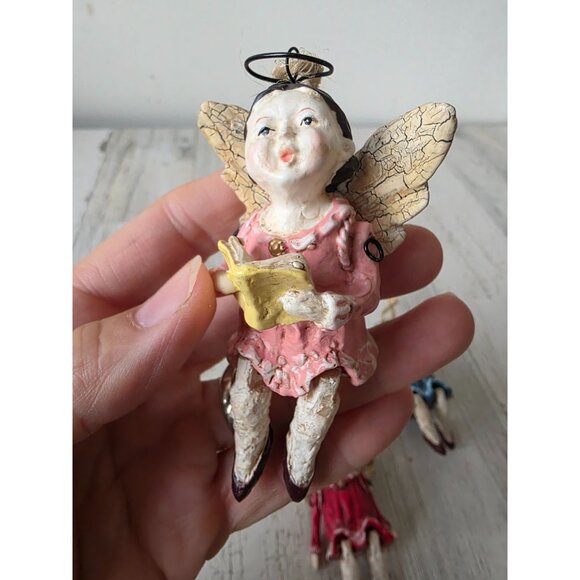 Jointed Angel cherub ornament vintage rustic crackle set are - Picture 3 of 10